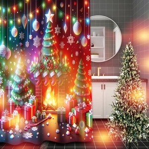 Detail of Christmas shower curtain featuring a festive fireplace and decorated tree