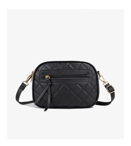 Close-up of black quilted PU leather camera bag with gold zipper and hardware details