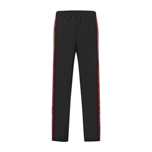 Men's black straight pants featuring red and black plaid side stripes detail