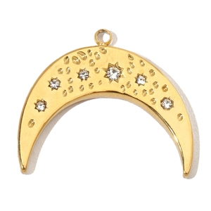 Golden crescent moon pendant in stainless steel with sparkling white zircon stones
