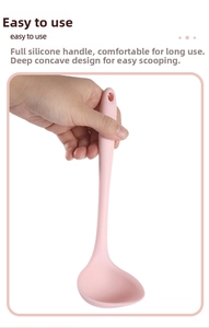 Detail of pink silicone soup ladle with ergonomic handle and hanging hole for storage