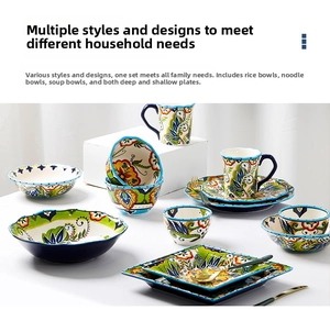 Detailed macro view of bohemian hand-painted ceramic dinnerware set with floral patterns