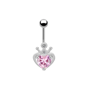 Piercing de nombril couronne argentée avec grand cristal rose en forme de cœur brillant