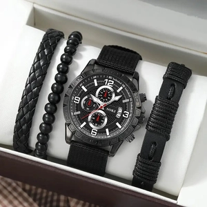 Mens black quartz watch with three matching beaded and woven leather bracelets set