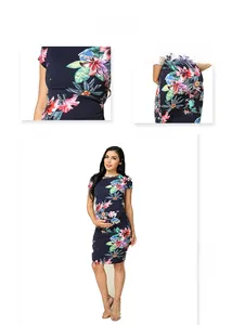 Detailed views of floral maternity dress with pleated accents and slimming short sleeves