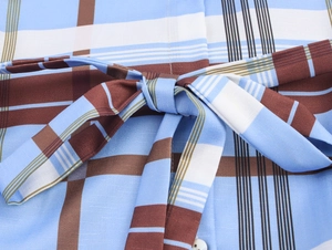 Detail of blue and white plaid shirt dress featuring a tied fabric waist belt bow