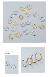 Detailed view of stainless steel hoop earrings in gold and silver with textured finishes