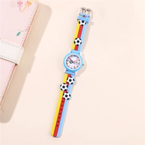 Detail of colorful children's football watch with silicone strap and easy-to-read dial