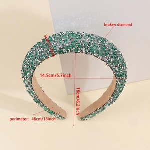 Detailed size guide of the green rhinestone padded headband showing 3cm width measurements