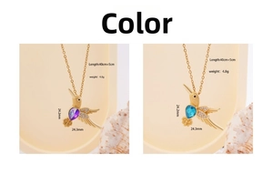 Detailed comparison of colorful hummingbird pendants with purple and blue crystals