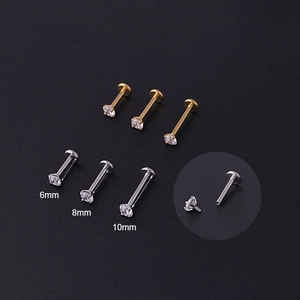 Flat bottom stainless steel labret studs with zircon in 6mm, 8mm, 10mm lengths