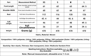 Tableau des tailles détaillé avec mesures et conseils d'entretien pour veste à fleurs en coton