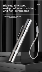 Detail of a brushed stainless steel laser cat pointer with a metal clip and a grey lanyard