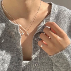 Minimalist S925 silver jewelry set with heart ring and A/K letter pendant necklace