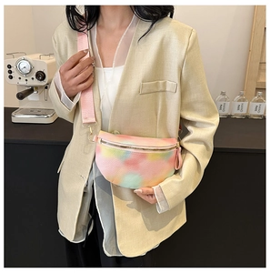 Pink crossbody chest bag with rainbow gradient print and textured lychee pattern