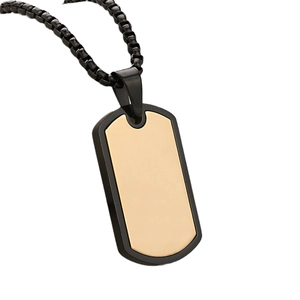 Polished gold dog tag necklace with black frame and matching black metal chain for men