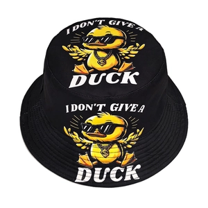 Black bucket hat featuring cartoon duck prints and I Don't Give a Duck slogan design