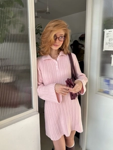 Pink Knitted Ribbed Mini Dress Polo Collar Button Long Sleeve Slim Fit Autumn