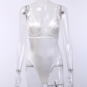 Detailed front view of white satin bodysuit for women with glossy finish and thin straps