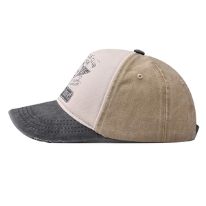Detailed side view of washed cotton baseball cap with retro wings print and distressed edges