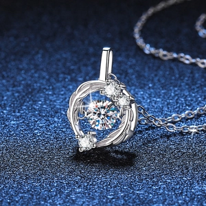 S925 sterling silver feather necklace with a dancing D-color Moissanite pendant