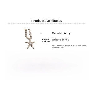 Detail showing metallic starfish pendant necklace specifications with bead chain dimensions