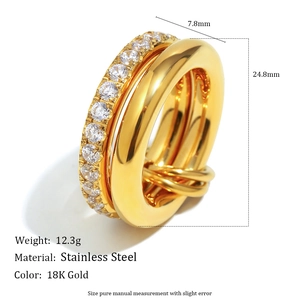 Double layered 18K gold plated stainless steel ring with zircon inlays and knot detail