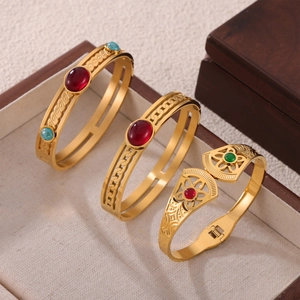 Vintage Retro Titanium Steel Gold Plated Bangle For Women Inlaid Natural Stone Red Agate Turquoise Hollow Geometric Design Open Bracelet Jewelry