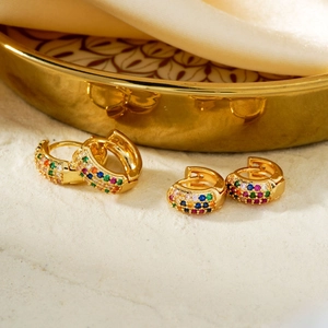 Vintage C-shaped gold copper earrings with colorful rainbow cubic zirconia stones