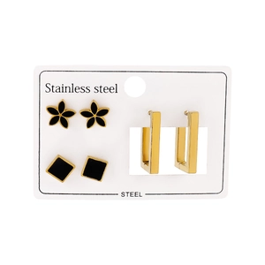 Lot de trois boucles d'oreilles en acier inoxydable avec fleurs noires et anneaux dorés
