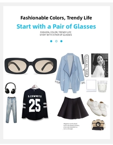 Flat lay of vintage black square sunglasses styled with denim jacket and retro camera