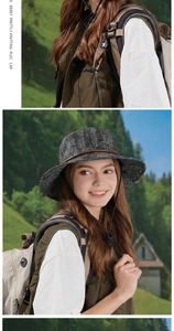 Detail of outdoor wide-brim sun hat featuring leather band and adjustable chin strap