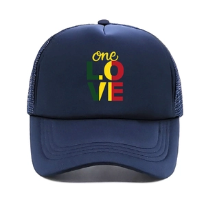 Navy blue trucker hat with one LOVE reggae print and breathable mesh back for sun protection