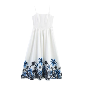 Women Spaghetti Strap Maxi Dress Coconut Tree Print Lace-up Backless Vacation Style Summer Polyester