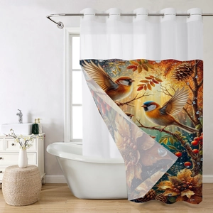 Detail of waffle fabric shower curtain featuring spring bird and forest leaf prints