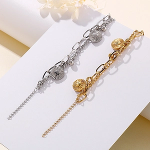 Double-layered sunburst coin pendant bracelets in gold and silver stainless steel finishes