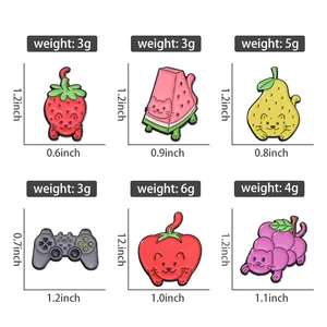 Detailed size and weight chart for cartoon fruit cat enamel pins collection