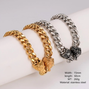 Collier gourmette 15mm en acier inoxydable avec tête de lion en finitions or et argent