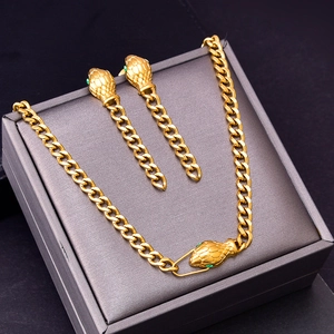 Hip Hop Snake Head Jewelry Set Titanium Steel Green Rhinestone Eyes Cuban Chain Necklace Bracelet Earrings For Women