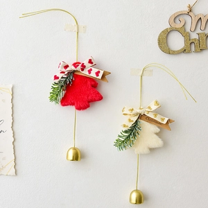 Christmas plush tree ornaments with heart bows and gold bells in red and ivory colors