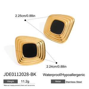 Square gold stainless steel stud earrings with black center, 0.88 inch geometric design