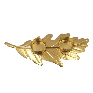 Creative golden iron leaf candle holder with two slots for romantic home decor