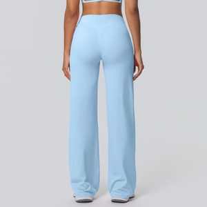 High waist light blue wide leg yoga pants back view showing slimming fit and soft fabric