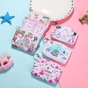 Mini PU Leather Coin Purse Cartoon Print Zipper Wallet With Keychain Ring For Women Kids Girls