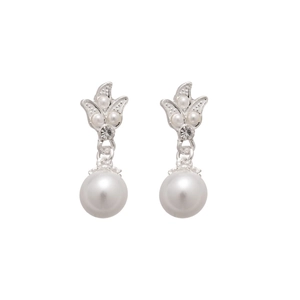 Elegant silver bow pearl earrings featuring diamond accents and vintage leaf design