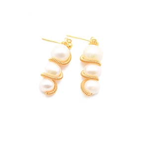 French style natural pearl drop earrings with spiral gold wire wrap for women