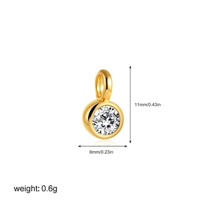 Detail view of a 11mm gold birthstone pendant with crystal and dimensions specs