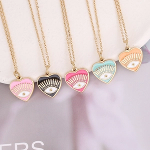 Gold stainless steel heart necklaces with colorful enamel eye pendants in five bright colors
