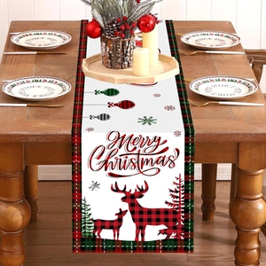 Christmas Table Runner Polyester Fabric Merry Christmas Reindeer Pattern Red Green Plaid Holiday Dining Decor Festive