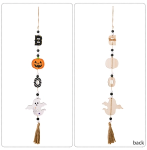 Vorder- und Rückseite der Halloween Holzperlen-Girlande mit Kürbis und Geist